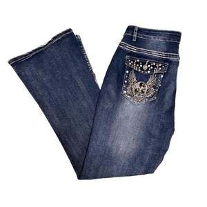 Y2K Sky Studded Skull Embroidered Bootcut Jeans Biker Moto Glam Size 14